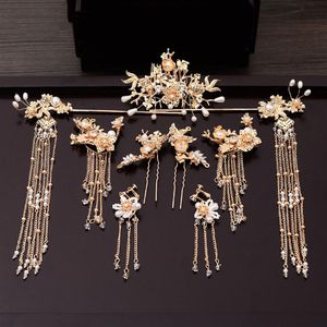 Wholesale chinese wedding headdress resale online - Traditional Chinese Hairpin Gold Hair Combs Wedding Hair Accessories Headband Stick Headdress Head Jewelry Bridal Headpiece Pin Y200409232T