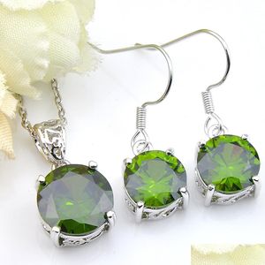 Orecchini Collana 6 Set / lotto Nuovo a forma rotonda Verde Cubic Zirconia Cz 925 Sier Collana con ciondolo Orecchino Set di gioielli di moda per Wom Dhygf