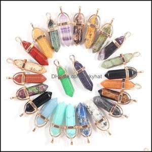 Charms Wholesale Natural Crystal Column Stone Hexagonal Pillar Point Charms Trendy Pendants Golden Metal For Earrings Necklace Jewelr Dh6Tp