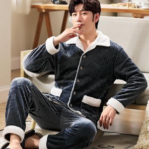 Men's Sleepwear Two Piece Shirt&Pants Lounge Wear Coral Fleece Male Winter Warm Pajamas Set Soft Flannel Home Clothes Pyjamas