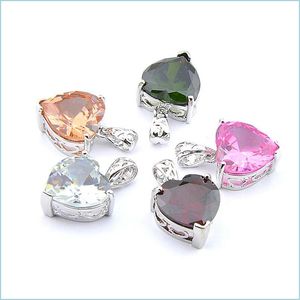 Pendanthalsband blandar 5st Rainbow New 925 Sterling Sier Classic Heart Pink Topaz Peridot Morganite Garnet Halsband hängsmycken för LAD DHRD3