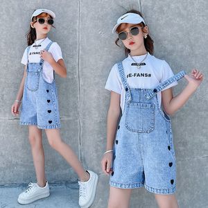 Overalls Mädchen Sommerhose Denim Trägershorts Seite Herz bestickte Jeans Shorts Kinder Kurze Jeans 5 6 7 8 9 10 11 12 13 Jahre Mädchen Unterteil 220909