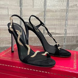 Rhinestone serpentynowe kręte czarne sandały na wysokich obcasach przeciw aksamitne eleganckie seksowne modne luksusowy projektant 9,5 cm damskie buty na wysokie obcasy buty