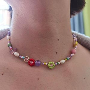 Choker 6 färger lyxglasfröpärlor blomkedja haklapp uttalande halsband naturlig pärla keramik för kvinnans fest