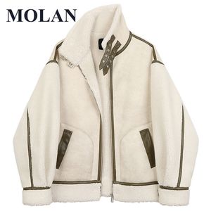 Women's Jackets MOLAN Warm Loose Woman Coat Leather Patchwork Streetwear Lambs Wool Tutleneck Zipper Korean Fashion Jacket Top Female Outwear 220909