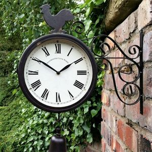 Zegary ścienne Outdoor Garden Wall Station Clock Dwustronne Cockerel Vintage Retro Decor Home 220909