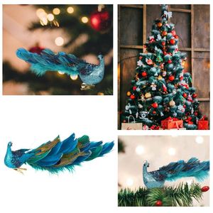 Decorazioni natalizie 12 pollici Ornamenti di pavone Uccello glitterato Clip-on Turchese Anno 2022 Natale