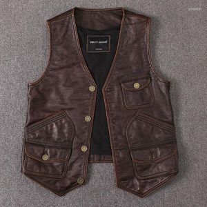 Men's Vests Men's Real Leather Vest Vintage Genuine Cowhide Sleeveless Jackets Biker Casual Waistcoat High Quality