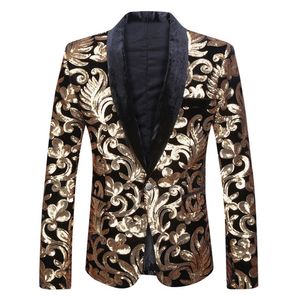 Erkek Suit Blazers Erkekler Swawl Lapel Blazer Tasarımları Artı Boyut 5xl Siyah Velvet Altın Çiçek Sequins Ceket DJ Club Sahne Şarkıcı Giysileri 220909