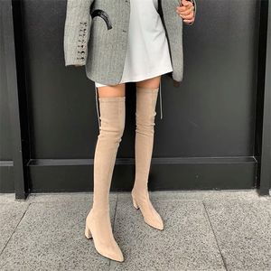 Stiefel Sexy Hohe Frauen Winter Mode Über Das Knie Warme Botas Mujer Wildleder Lace Up Pumps Socke Schuhe Heels 220909