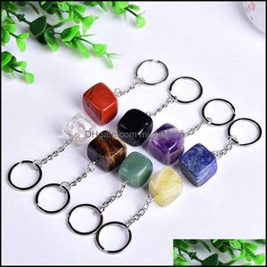 Keychains Cubic Square Shape Natural Stone Quartz Keychains Nyckelringar för kvinnor Män handväska Hangle Car Holder Mineral Keyring Jewelry Dhezr