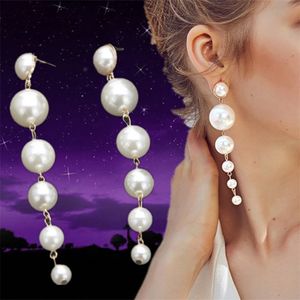 Simulated White Pearl Long Dangle Earrings Elegant Round Ball Pearl Drop Earring for Women Wedding Jewelry