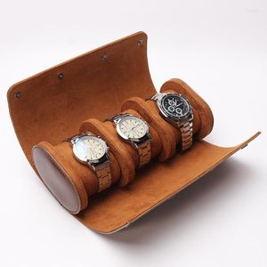 Watch Boxes Storage Box For Three Two Brown Round Long Buckle Wristwatch Bag Outdoor Travel Man Clock PU Leather Organizer