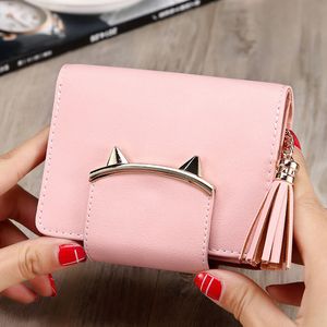 Vintage Tassel Kvinnor plånböcker lyx varumärke berömda korta mini plånböcker söta kattöron läder purs för kreditkort