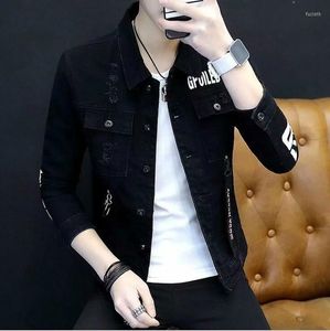 Herrenjacken Frühling 2022 Slim Denim Herren Biker Hip Hop Bänder Zerstören Zerrissene Jeansjacke für Männer Streetwear Weiß/Rot/Schwarz