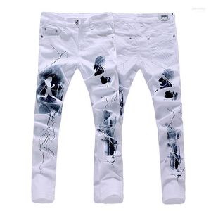 Męskie dżinsy hurtowe- przybycie moda drukowana najwyższej jakości męskie męskie szczupłe Casual White Biker Denim proste spodnie Rozmiar 28-40 JPK351