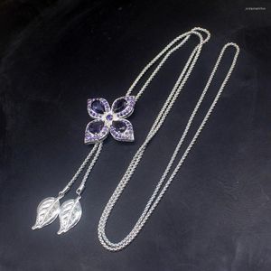 Anhänger Halsketten Hermosa Mode Edelstein Natürlicher Lila Amethyst Schöne Blumen Pullover Kette 925 Silber Schmuck Für Frauen Mädchen