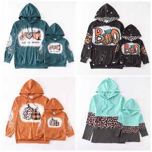 가족 일치 의상 Girlymax Halloween Fall Baby Girls Mommy Me Me Tie Tie Dye Bleached Hoodie Boutique Top Leopard Pumpkin Boo Long Sleeve Kides Clothing 220909