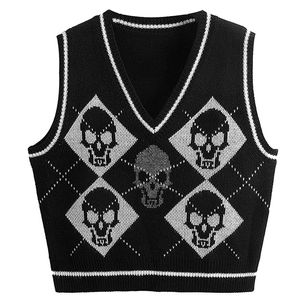 Kvinnors västar y2k gotisk stickad tröja väst skalle argyle tryck mönster stickad v-ringning pullover mode jumper topp kvinnor halloween streetwear 220909