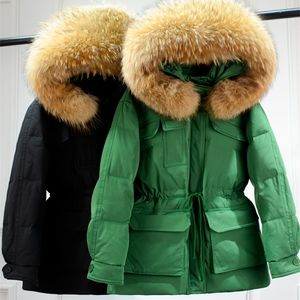 Piumino da donna Janveny Enorme vera pelliccia di procione con cappuccio Piumino corto da donna Inverno 90% Piumino d'anatra Piumino da donna Parka impermeabile 220909