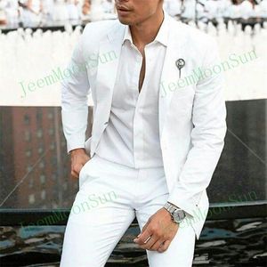 Abiti da uomo Blazer Moda Estate Lino bianco Smoking dello sposo Risvolto con risvolto Abito da uomo Slim Fit 2 pezzi Uomo Blazer Costume Homme Giacca Pantaloni 220909