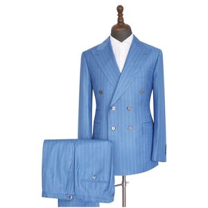 Men's Suits Blazers Blue Men's Lapel Striped Suits Custom Made Double Breasted Bridegroom Wedding Wear 2 Pieces Slim Fit SetJacketPants 220909