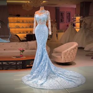 Blue Shiny Prom Princess Long Sleeves Sweetheart Appliques 3D Lace Sequins Evening Dresses Fashion Floor Length Party Gowns Plus Size Custom Made
