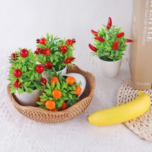 Decorative Flowers Artificial Mini Bonsai Plants Plastic Orange Pomegranate Fruit Chili Tree Desk Decor Fake Pot For Home Office Decoration