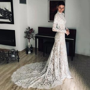 Vintage Full Lace Mermaid Wedding Dress High Neck Long Sleeves Court Train Bridal Gown With Veil Custom Made