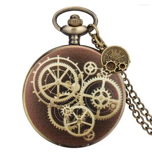 Pocket Watches Retro Bronze Men Women Quartz Watch Halsband Slim Chain Gear Cover Tag Vintage Personlighet Pendant Clock Uts￶kt g￥va