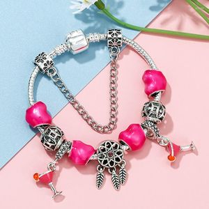 Urok bransolety romantyczne różowe emalia koraliki marki bransoletki koktajl koktajl vintage srebrny kolor dla kobiet biżuteria prezent