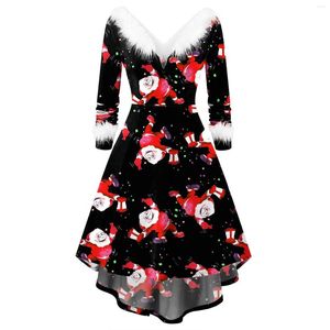 Casual Dresses Women Christmas Chic Faux Plush Long Sleeve V-neck Irregular Dress Gown Female Snowflake Santa Claus Print Midi Party