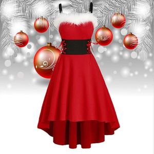 カジュアルドレス女性クリスマスフェイクファーレースアップソリッド非対称性低いミディドレスオフ肩スタイルファッション2022