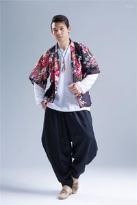 メンズジャケット卸売 - メンズ2022ジャケット印刷カジュアルメンズルースコートストリートファッション日本スタイルヒップホップリネンオーバーコートQ3831