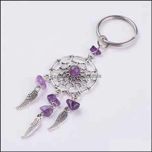 Chave de chave de cristal lascas de cristal os apanhadores de sonho asas de borla de metal curativo keychain keyring rosa quartzo amethest verde avurina entrega dhukm