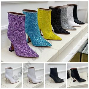 10cm Begum Bowknot Kelebek Yüksek Topuk Botlar Piliz Ayak Bileği Boot Pompaları Kadın Parlak Deri Amina Muaddi Elmas Tasarımcı Ayak parmakları Stiletto Moda Ayakkabıları