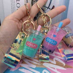 Keychains Liquid Quicksand Pearl Milk Tea Keychain fofo moda magia cor cora larga key ring saco de pendente de joias do festival T220909