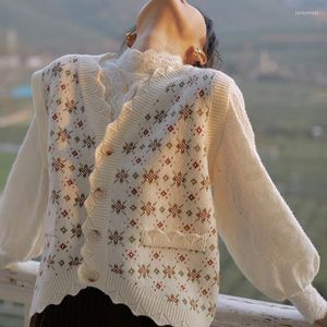 Kvinnors västar Nic tryck Autumn V-Neck Cotton Women Elegant Ruffle Simple Single Button Coats Casual ärmlös kvinnlig vintage väst