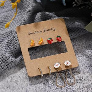 Stud Earrings Cartoon Enamel Cute Fruits Orange Strawberry Earring Set For Female Flower Daisy Ear Piercing Chain Trend Jewelry