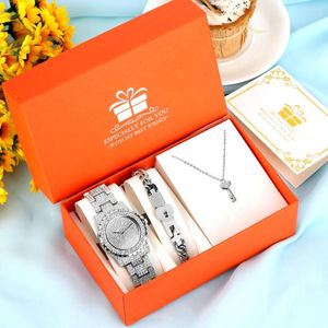 Armbanduhren Silber Uhr Frauen Luxus Armband Halskette Geschenkset für Freundin Elegante Damen Strass Quarz Reloj de Mujer