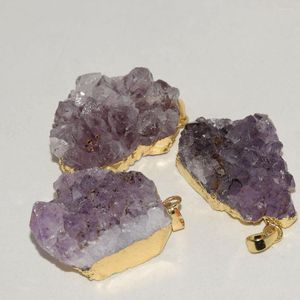 H￤nghalsband r￥a lila kristall druzy sten naturliga 2022 kvinnsmycken som g￶r stor guld ram pl￤tering kvarts p￤rla stort kluster grovt
