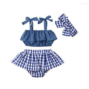 Kläder sätter mode baby flickor sommarkläder set casual spädbarn flicka ärmlös ruffle sling väst toppar pläd shorts 3pcs outfit