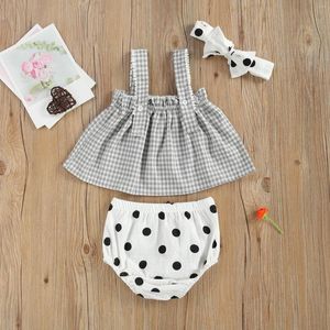 Clothing Sets 3pcs Baby Summer Outfits Plaid Square Collar Sleeveless Tank Tops Dot Elastic Waist Shorts Hairband for Toddlers Girls 2022