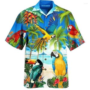 Camisas casuais masculinas masculinas masculinas havaianas com estampa de papagaio verão gola aberta streetwear solto moda praia férias europeu