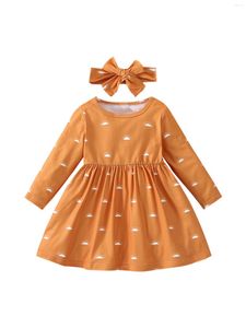 Girl Dresses Kids Baby Girls Sun Printed Casual Dress Long Sleeve A-line Holiday With Headband Autumn Outfits