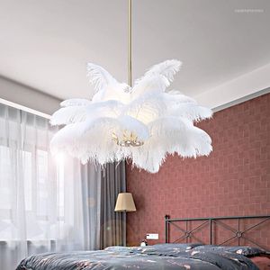 Lampy wiszące nordyckie luksusowe światła LED Modern biały struś lampa piórka sypialnia salon dom domowy oświetlenie