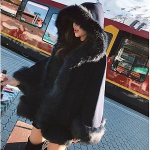Women's Wool Women's & Blends Winter Imitation Fur Long Woolen Coat Casual Women Bat Sleeve Hooded Loose Female Warm Shawl Cape