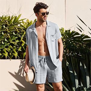 Herrespår 2022 Sommarmän Ställer Fashion Casual Solid Color Button Shirt Lace Up Shorts Set Two Piece Suit Daily Office Brand Man