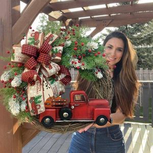 クリスマスの装飾30cmの花輪の車の弓飾り飾り飾り装飾ドアホリデーパーティークリエイティブガーランドと赤いトラックナビダッド220909