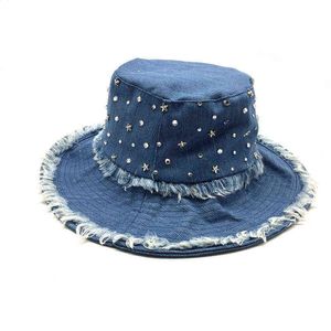 Skąpy brzeg kapelusze kobiety solidne dżinsowe wiadro szerokie bawełniane rybak dziewczęta czarne słońce ochronne kołki kamienie Tassel T220909